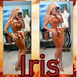 NWT Iris, Buckle-Strapped Over-All Dress, Soft Lightweight Rich Tan Suede,Size M